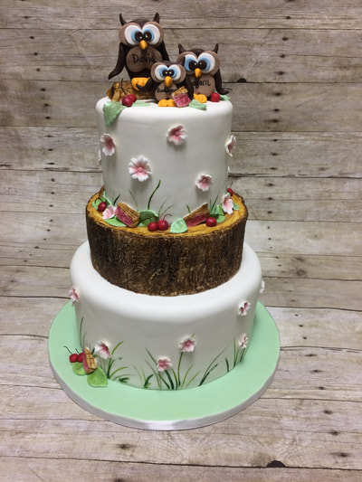 3 tier baby shower cake with 3 owls and flowers.